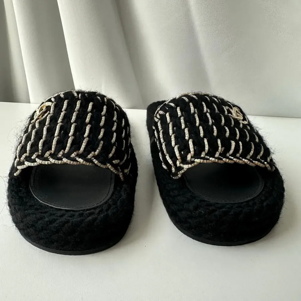 NIB! Chanel (39/8-8.5 US) Interlocking CC Logo Braided Slide Sandals- Black/Gold